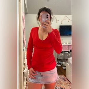 Women's Red V-Neck Long Sleeve Top